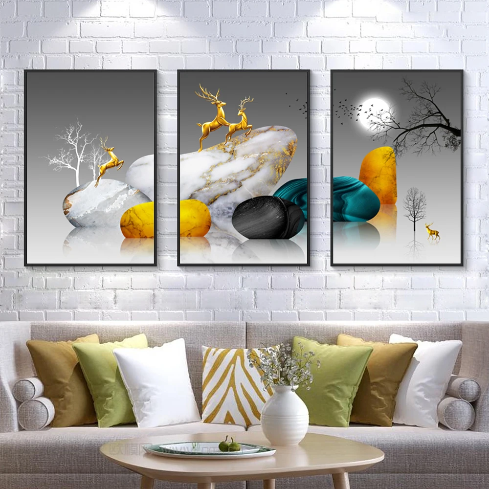 Эстетический Декор для комнаты Золотой олень и камень холст печать постер черно