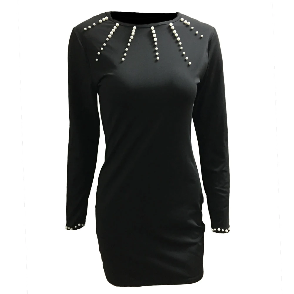 Женское однотонное облегающее мини-платье с круглым вырезом и длинным рукавом