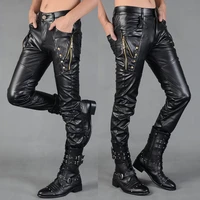 motorcycle faux leather pants men black fashion pu leather male trousers street brand designer soft casual stretch mens pants