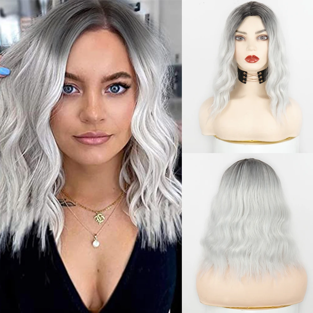 

WERD Short Silver Wavy Wigs For Women Cosplay Natural Fiber Fake Hair Heat Resistant Daily Wear