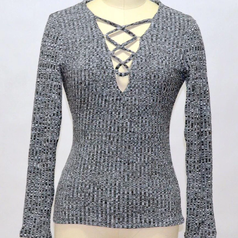 

VIIANLES Sexy Deep V-neck Sweater Knitted Sweater Women Pullover Lace Up Oversized Knitwear Autumn Winter Lady Jumper Sweater