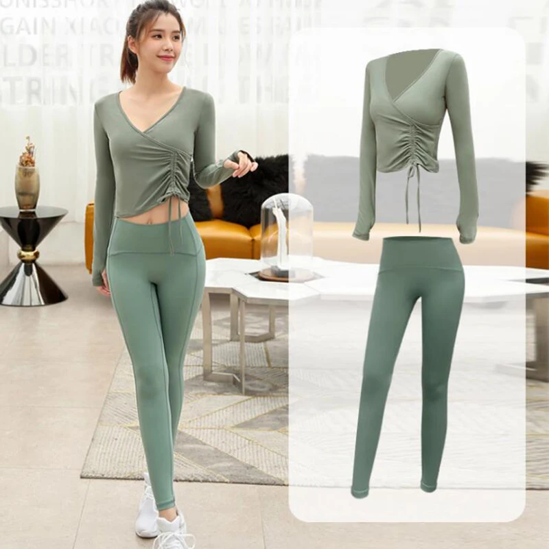 

Sportswear Yoga Sets Women Fitness Sport Suit GYM Running Fitness Leggings+Long-sleeved shirt 2pcs Sport Suit Fitness clothing