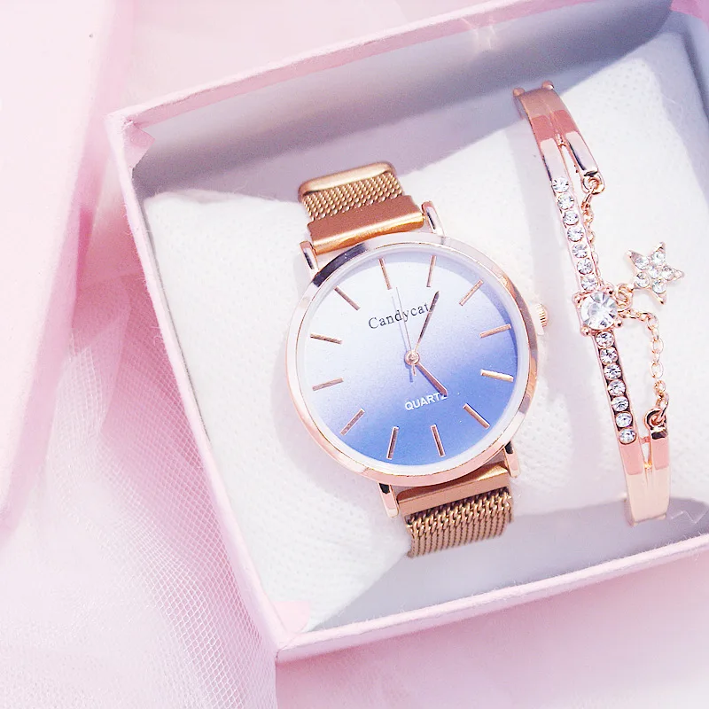 Часы женские кварцевые с сетчатым браслетом модные градиентные цветные наручные