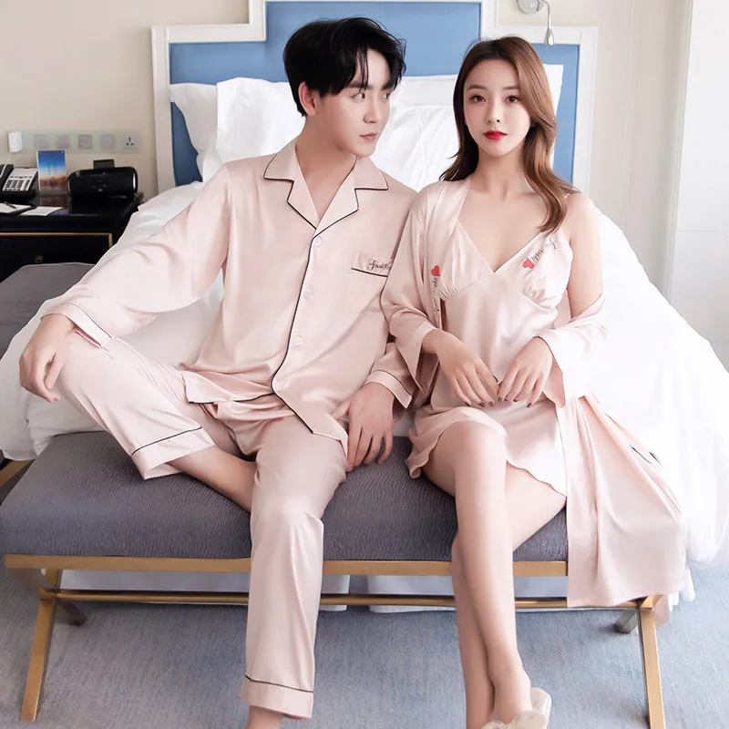 Autumn Men Pajamas Set Sleeping Gown Long Sleeve Nightgown Couple Lovers Pajamas 2pcs Plus Size Leisure Loose Pyjamas Wedding