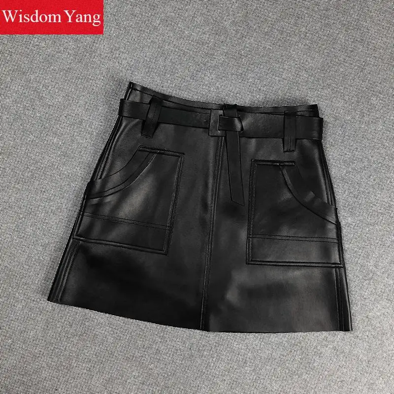 Из натуральной овечьей кожи мин юбки расклешенного силуэта с поясом Сезон осень