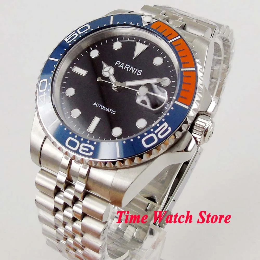 Часы наручные Parnis мужские с автоподзаводом сапфировым стеклом и черным