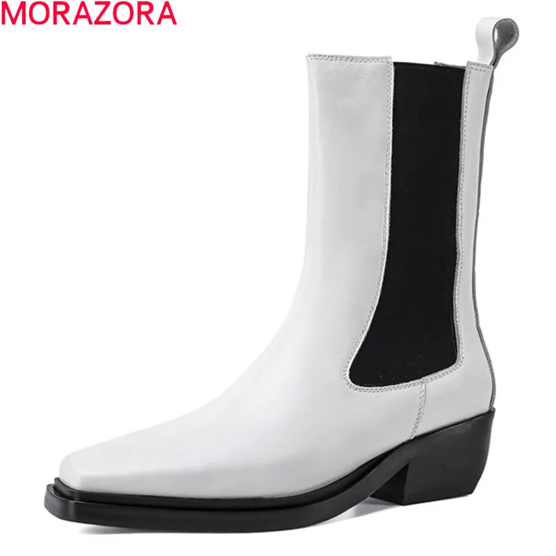 

Женские ботильоны из натуральной кожи MORAZORA, Черные ботильоны на среднем каблуке, с квадратным носком, большие размеры, лето 2021