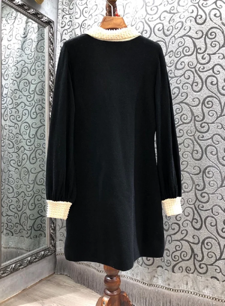 

High Quality New Sweater Dress 2020 Winter Women Beading Button Deco Long Sleeve Casual Wool Knitted Dress Ladies Black Knitwear
