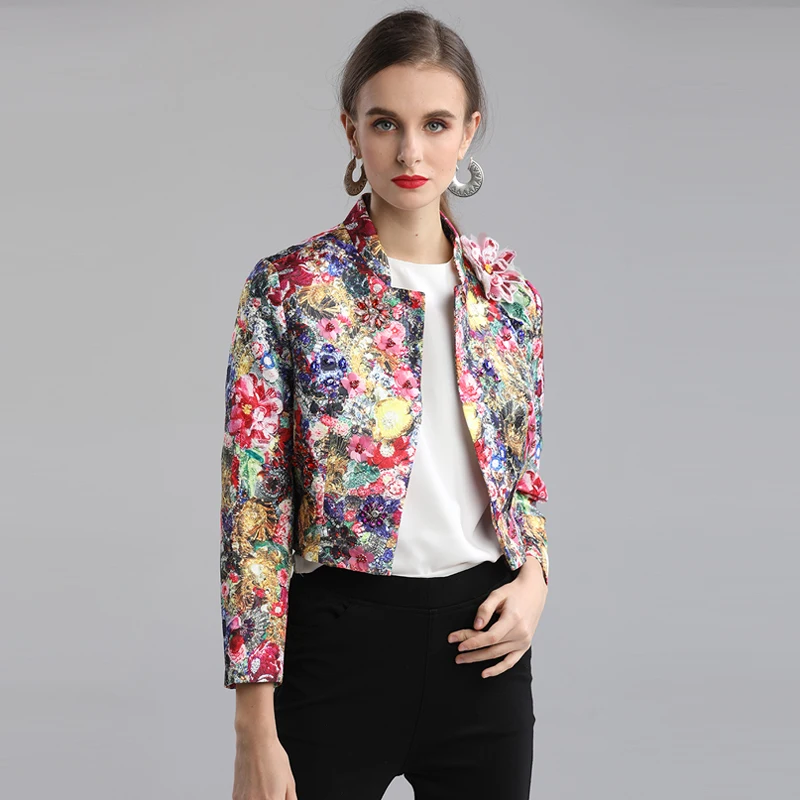 Куртка женская расшитая блестками с цветочным принтом|Женские куртки| |