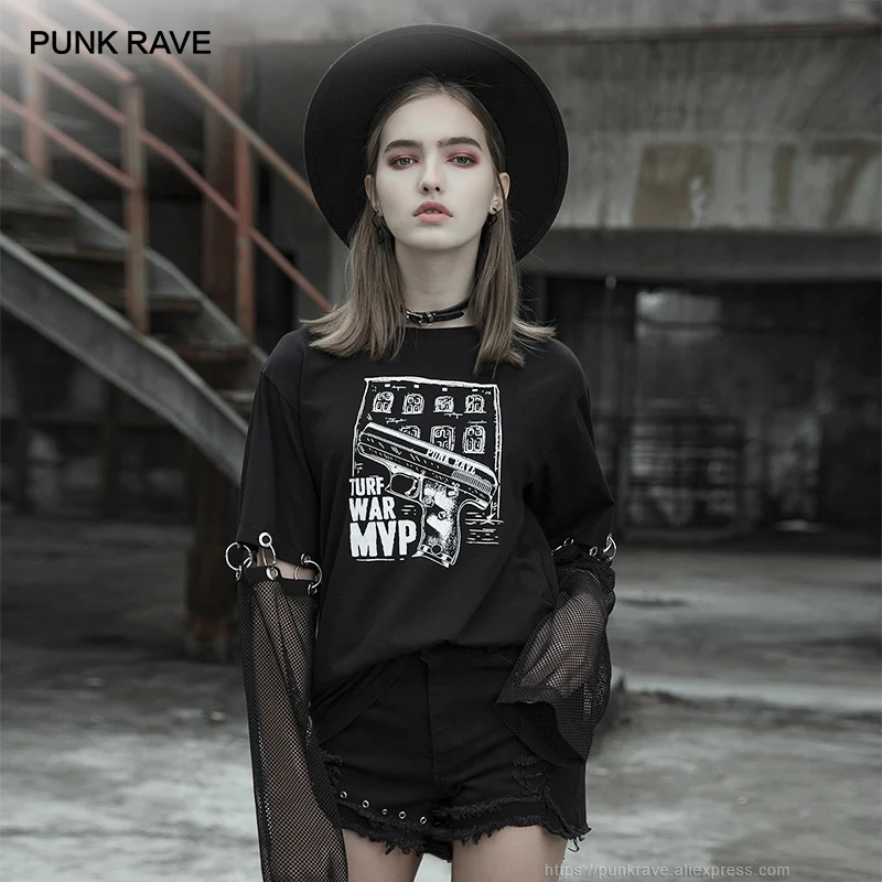 Панк RAVE Girl's Gothic Printed свободная черная футболка со съемными рукавами Harajuku