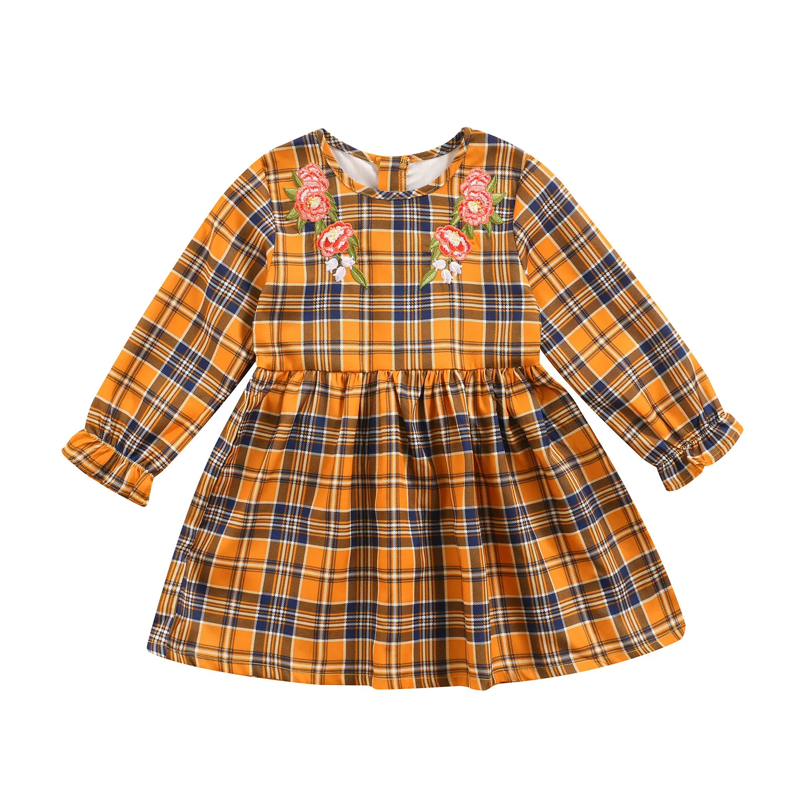 

Fashion Autumn Little Girls Casual Long Sleeve Dress Cute Sweet Style Plaid Printing Embroidery A-line Short Dress