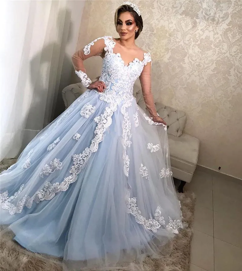 

Arabic Princess Blue Ball Gown Wedding Dresses With Long Sleeves Lace Appliques Illusion Plus Size Bridal Gowns Vestidos Novia