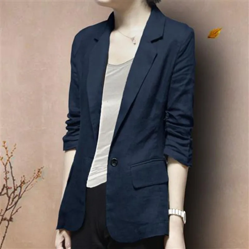 

2021 New Arrival Spring/autumn Women Casual Single Button Three Quarter Sleeve Blazer Slim Cotton Linen Notched Collar Coat