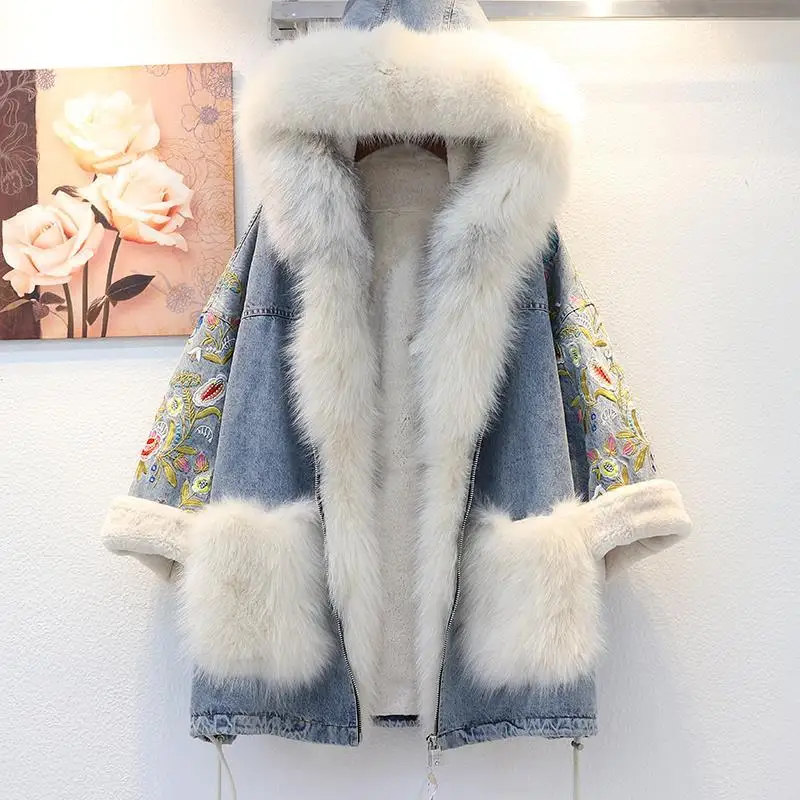Winter Plush Lining Denim Coat Women Embroidery Medium Long Loose Cotton Jacket Thick Warm Blue Casual Hooded Outerwear Parkas