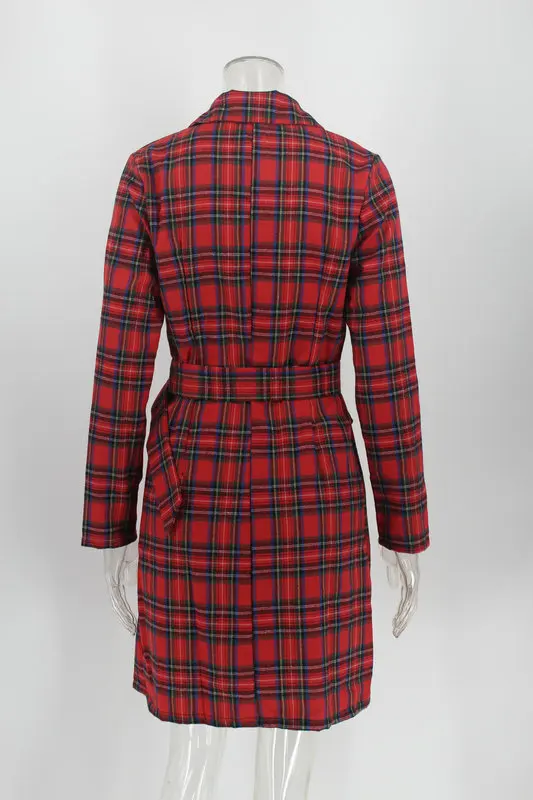 

Mandylandy Women's Long-Sleeved Single-Breasted Turn-down Collar Trench Coat Spring Autumn Plaid Printed Slim-Fit Long Coat