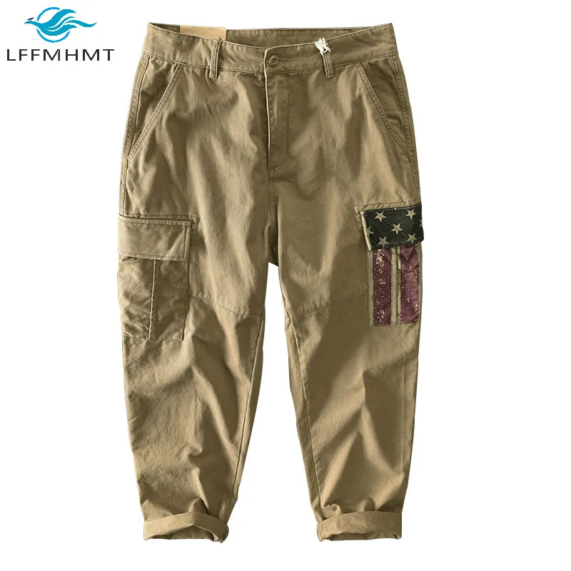 

Men American Style Flag Pocket Winter Fall Fashion Cotton Pencil Leg Safari Pant Male Casual Loose Vintage Retro Overall Trouser