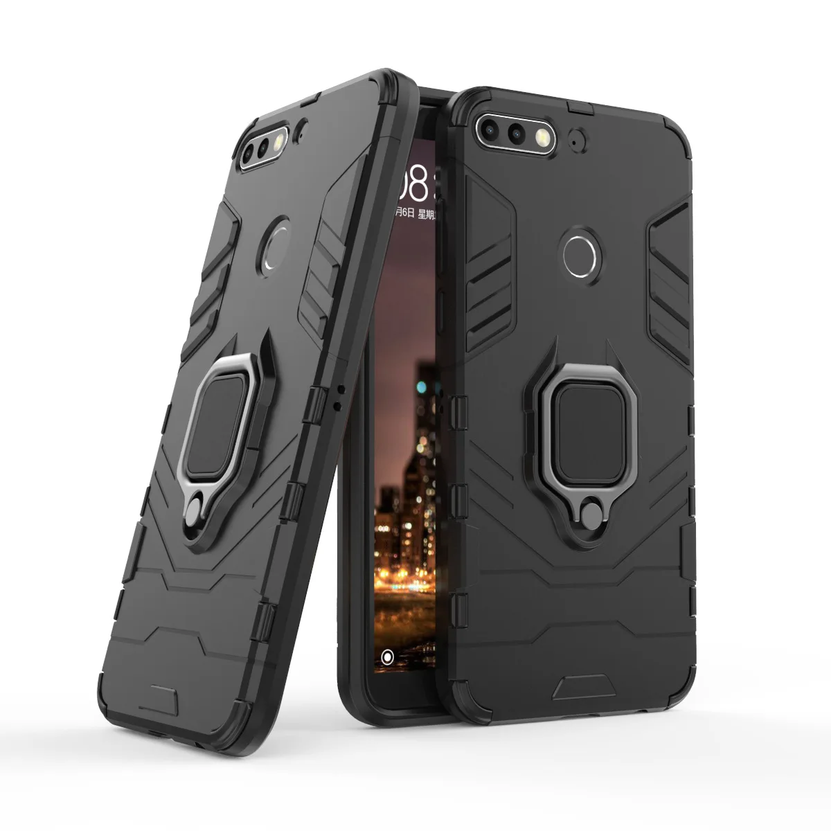 

Armor Shockproof Ring Holder Case For Huawei Honor 7C Hard PC Soft TPU Hybrid Rugged Back Cover
