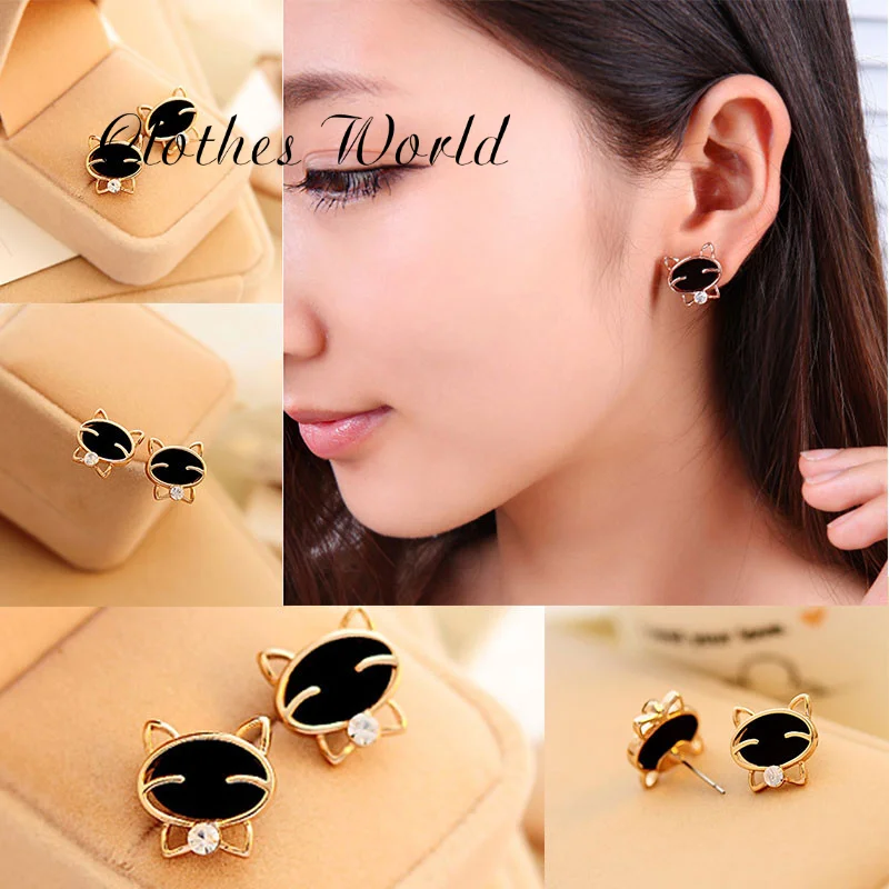 1 пара кавайных милых сережек с кошачьими ушками стразы черная улыбка кошка
