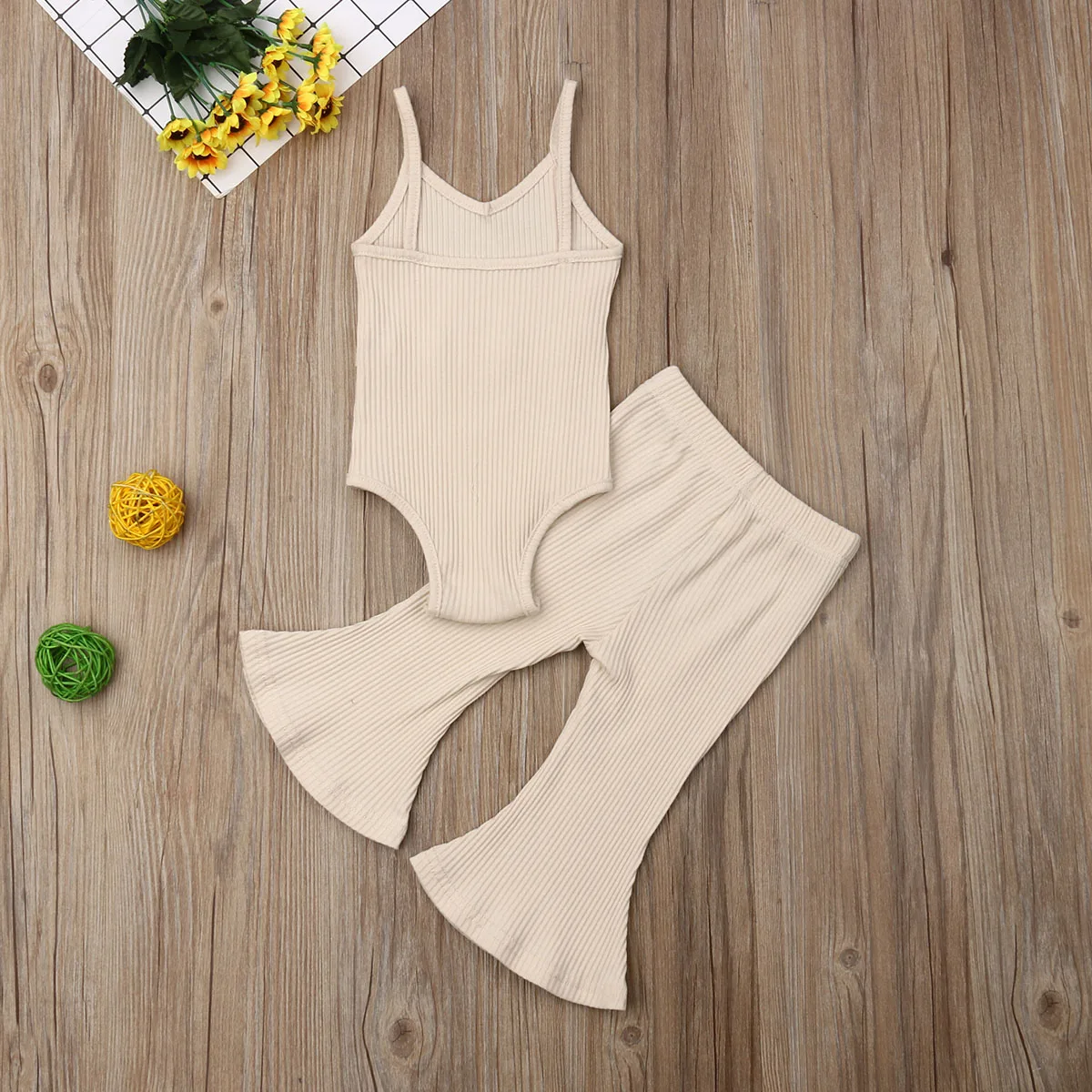 

2021 Baby Summer Clothing Newborn Baby Girl Solid Sleeveless Romper Top+Long Bell Pants Bottoms Outfits Ribbed Clothes Sets 0-3Y