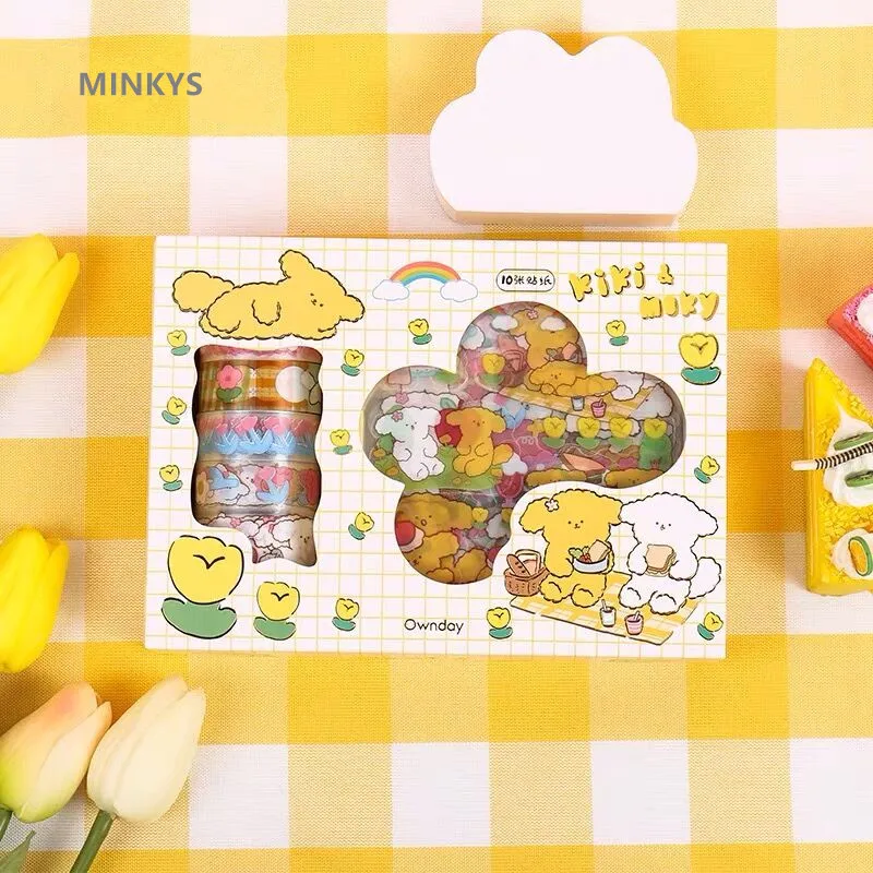 

MINKYS Kawaii PET прозрачная 6 шт. Васи Маскировочная лента с 10 шт. наклеек набор для дневника журнал декоративная лента канцелярские принадлежност...