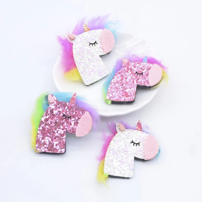 

10Pcs 45mm Padded Glitter Leather Colorful Mane Unicorn Applique for DIY Hat Decor Patches Headwear Hair Clips Bow Accessories