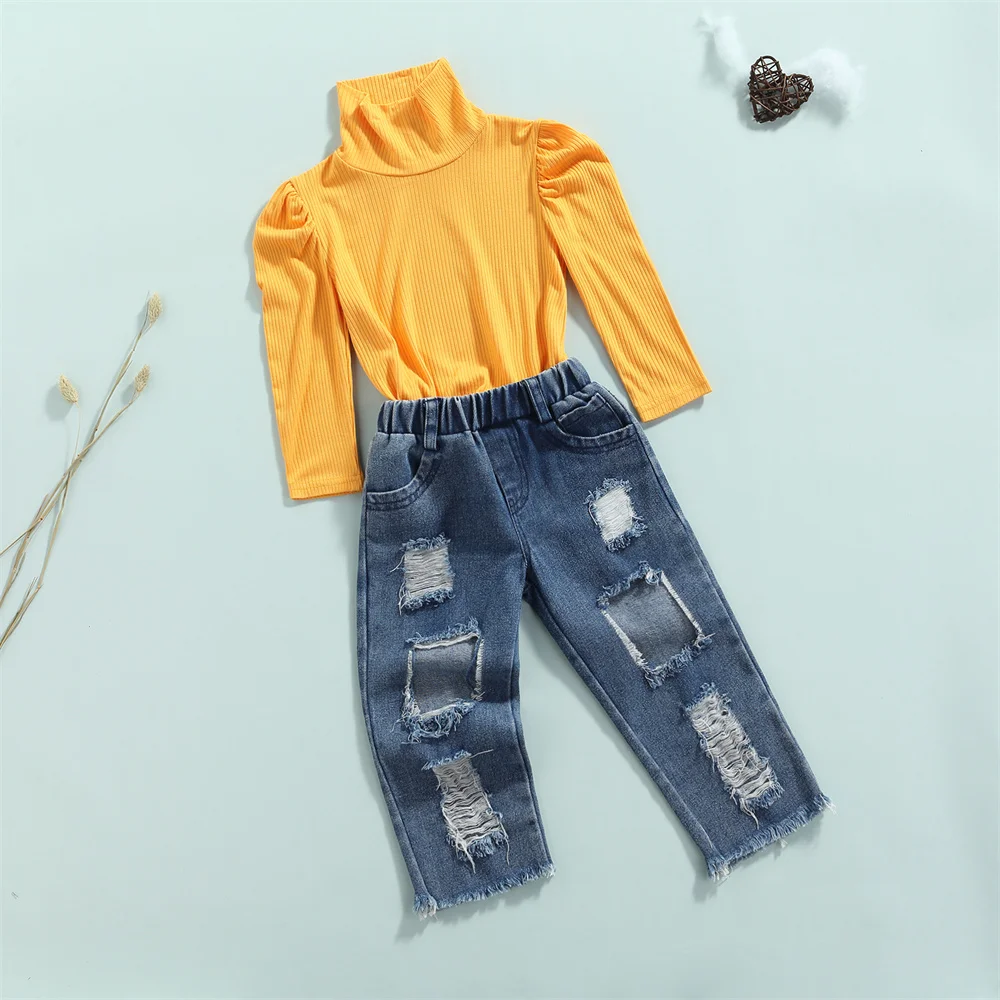 2Pcs Fashion Spring Autumn Clothes Girls Tracksuit Solid Color Mock-Neck Long Sleeves Knit Tops+Ripped Jeans Sets for 2-7Y