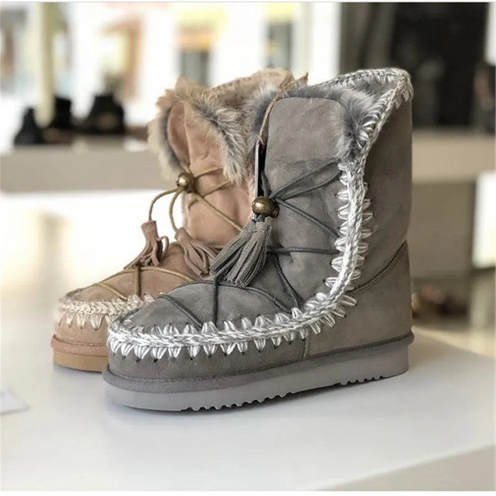 

2022 mou eskimo dream catcher lace up women snow boots sheepskin handmade weave wool flat ladies ankle boot
