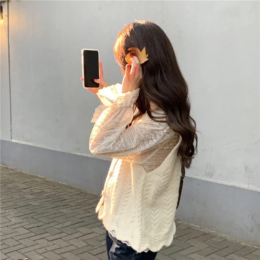 

Two Piece Set Women Outfits Long Sleeve Lace Bottom Shirt Blouses and Knitted Tank Sweater Vest Cardigans Ladies 2 Piece Sets