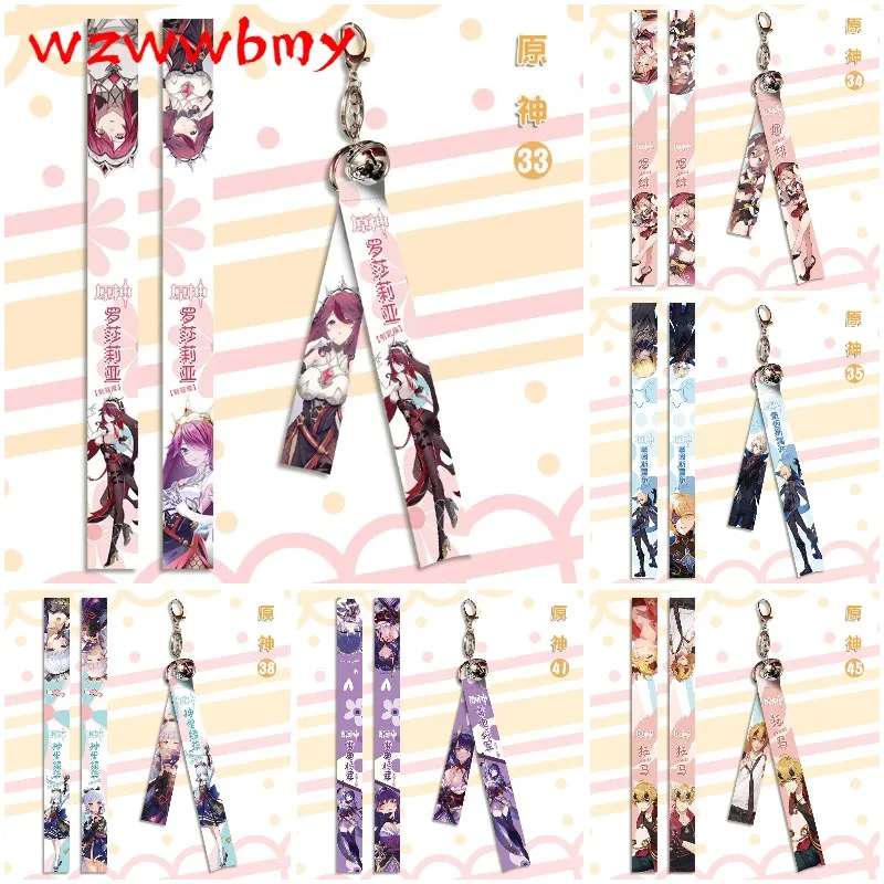 

Anime Genshin Impact Lanyard Keychain Zhongli Xiao Albedo Tartaglia Anime Figure Bell Ribbon Holder Hanging Rope keyring