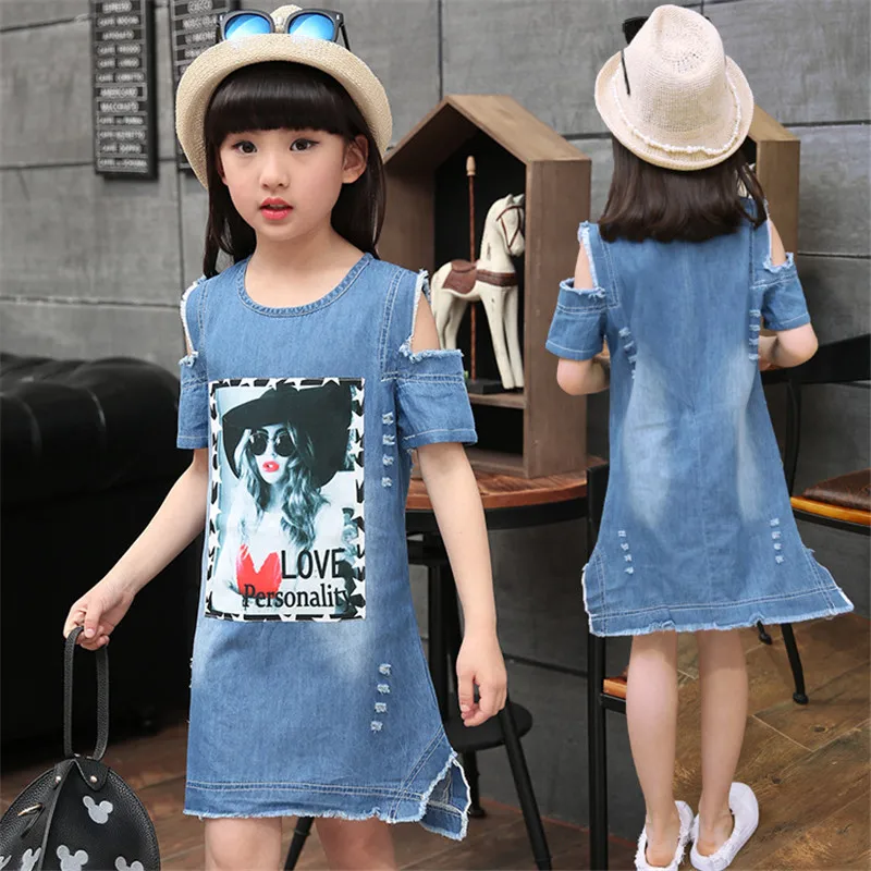 

Strapless Denim Dress Girls Clothing Summer Fashion Girls Pattern Dress Children Short Sleeve Denim T-Shirt Kids Dress For Girls