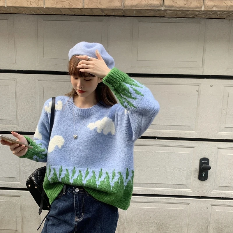 Женские свободные свитера оверсайз с круглым вырезом Повседневные вязаные