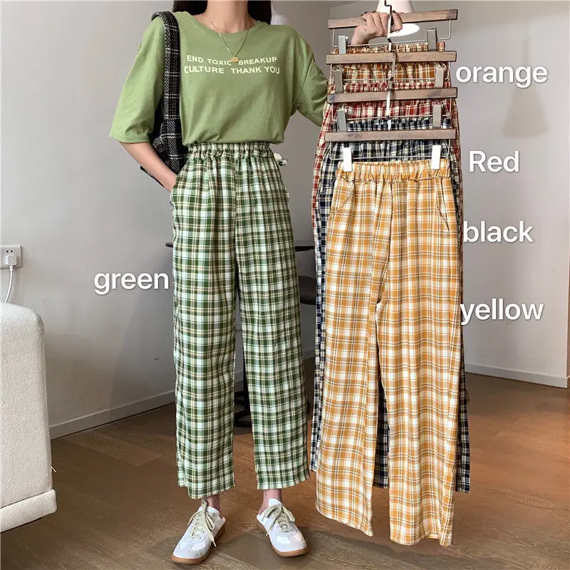 

Korean Fashion Plaid Pants Women Harajuku Wide Leg Checked Trousers For Female 2021 Green Oversize Pants woman pants