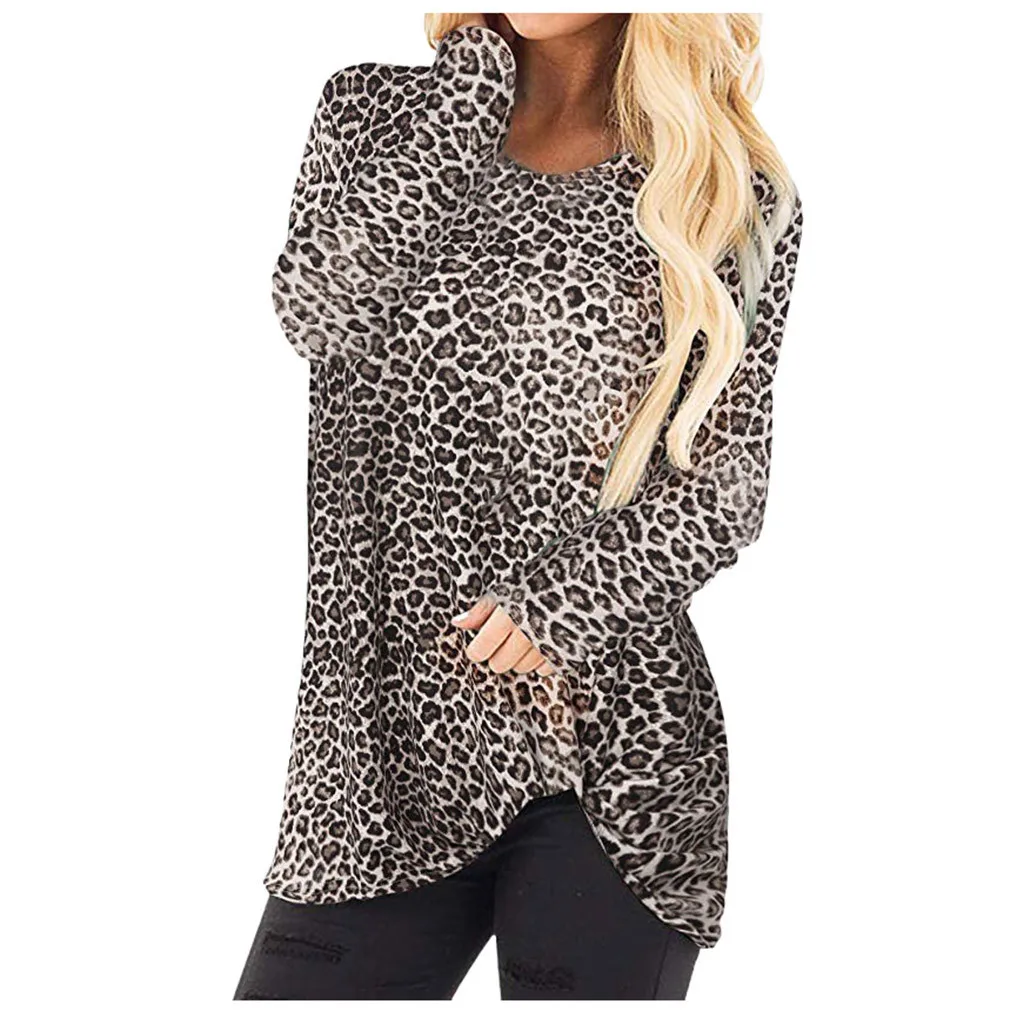 Женский топ с круглым вырезом длинным рукавом и леопардовым принтом|Футболки| |