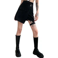 women y2k summer mini skirt with irregular hem chic bandage simple korean style black solid color high waisted gothic sexy skirt