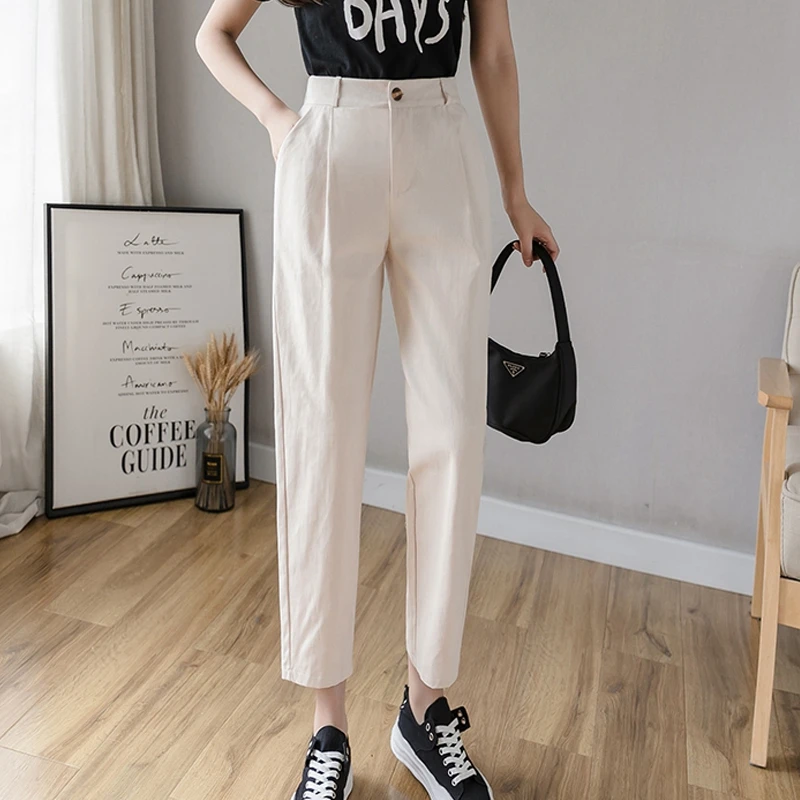 

White Casual Pants Women Korean Fashion High Waist Pencil Pants 2021 Spring Autumn Loose Office Elegant Black Pants for Women