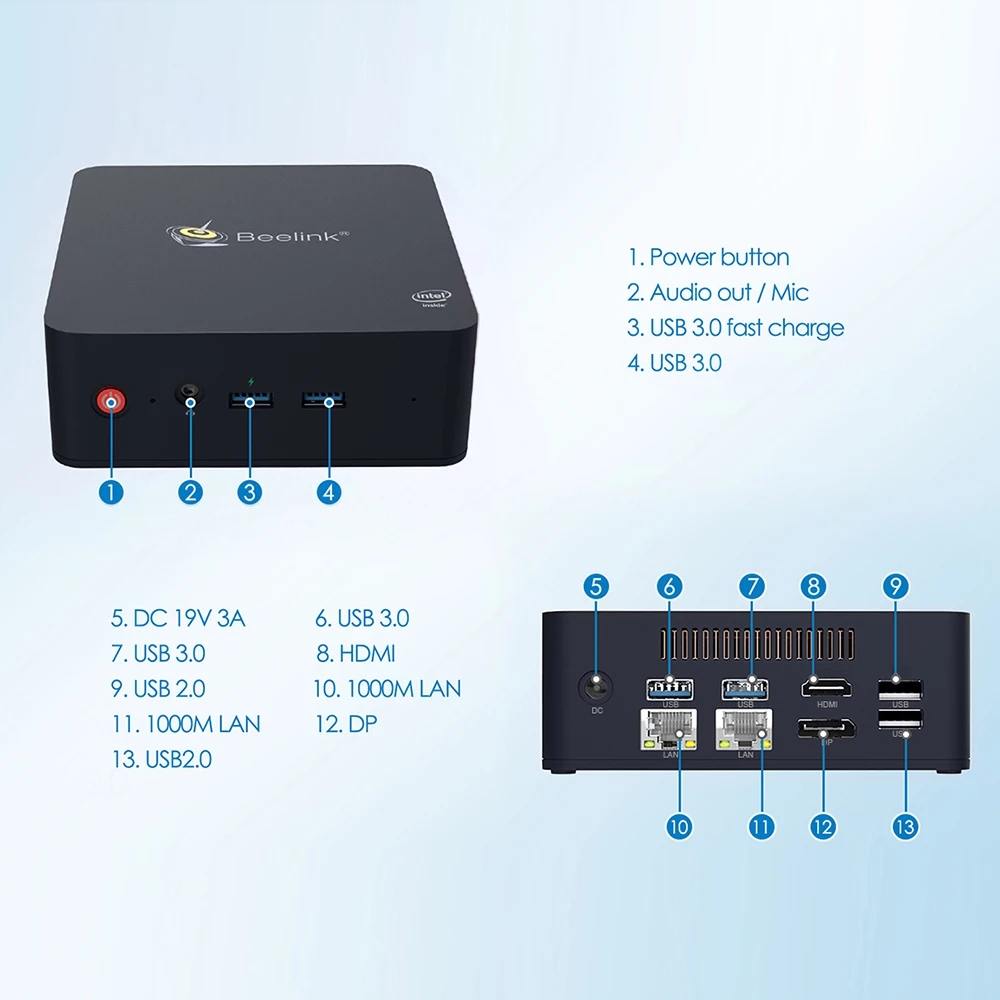 Мини ПК Beelink L55 i3 5005U Windows 10 8GB DDR3L 256GB 512GB SSD 2,4G 5,8 GDual WiFi 1000M LAN BT4.0 USB3.0 офисный мини-компьютер