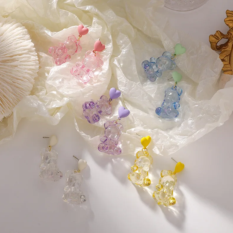 

Fashion Metal Heart-shaped Transparent Bear Earrings Women's Creative Popular Dangle Earrings Party Accessories