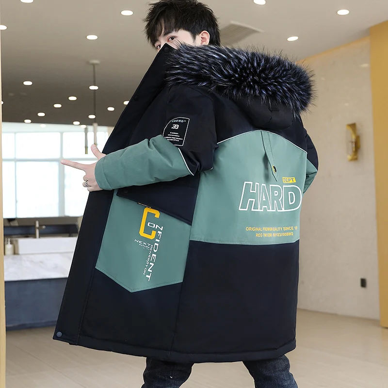 Winter 2021 New Men's Hooded Thick Coat Middle-length Handsome Teenagers Fashion Handsome Plus Fur Collar Cotton-Padded Jacket
