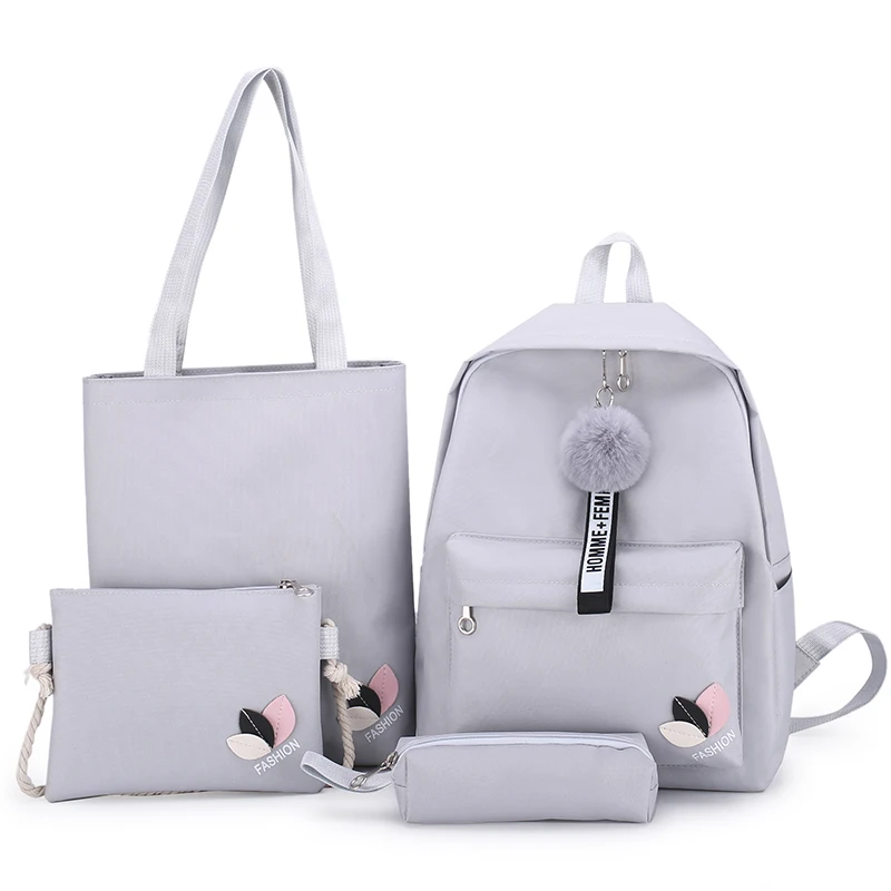 Для женщин 4 шт. холст рюкзак для девочек с цветочной вышивкой большой Ёмкость женская сумка милый меховой шарик школьные сумки - Цвет: Gray