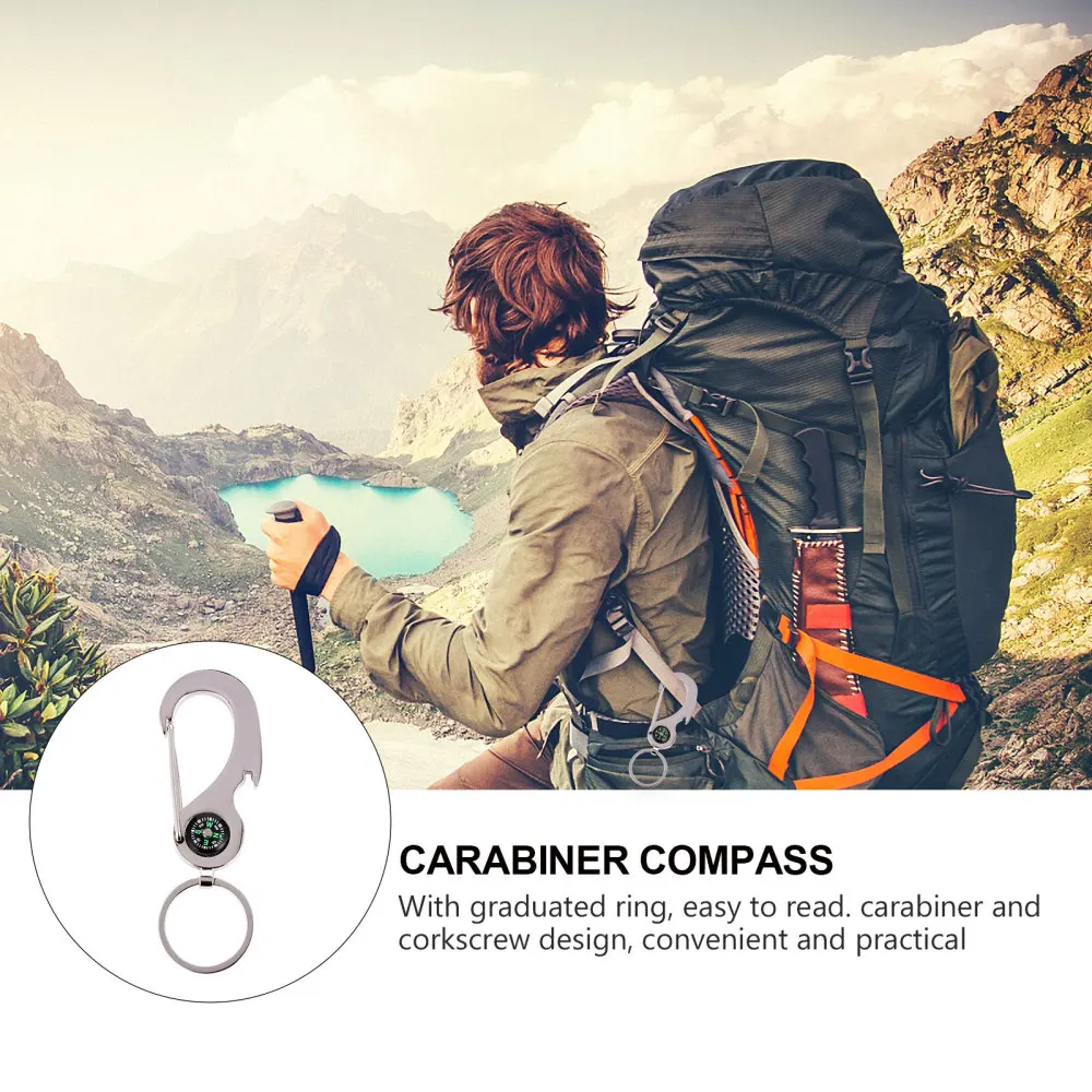 

Bottle Opener Portable Camping Hiking Carabiner Compass with Hook Ring (Silver)