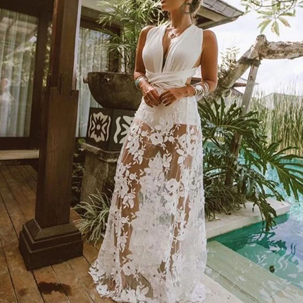 Женское длинное пляжное платье с перекрестным поясом и открытой спиной