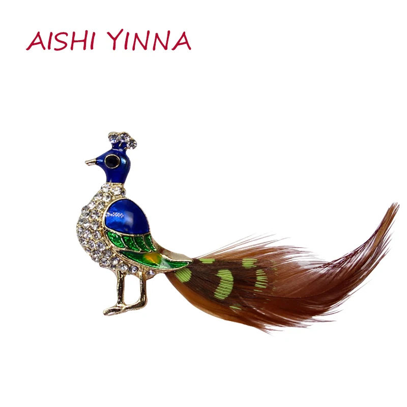 AISHI YINNA High End изысканный павлин реальные броши в форме пера воротник Fun значки с