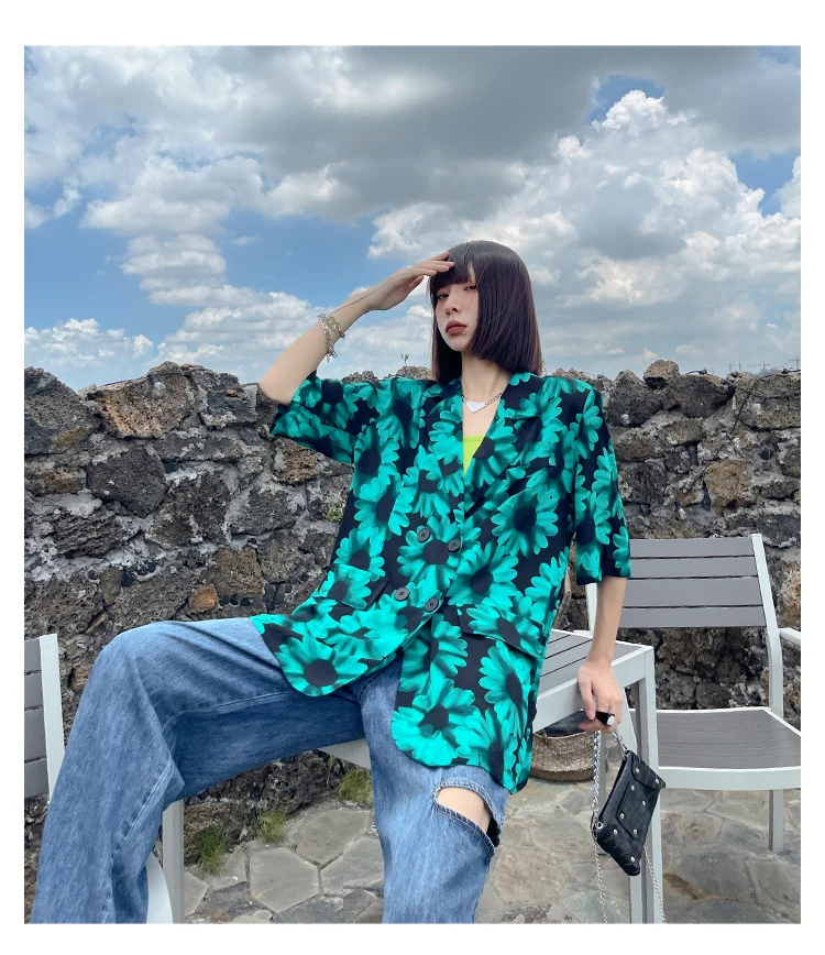 

2021 Summer Streetwear Harajuku Plus Size Print Blazers Suit Jacket Women Fashion Short Sleeve Loose Casual Boyfriend Green Coat