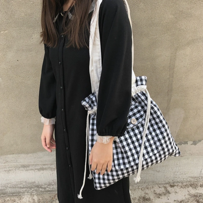 

Women Drawstring Shoulder Bag Retro Solid Color Handbags Canvas Large Capacity Tote Bags Plaid Shoulder Shopping Bag