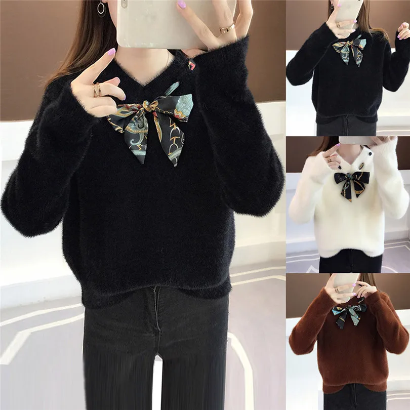 Бандажный свитер с v-образным вырезом Женский пуловер длинным рукавом однотонный