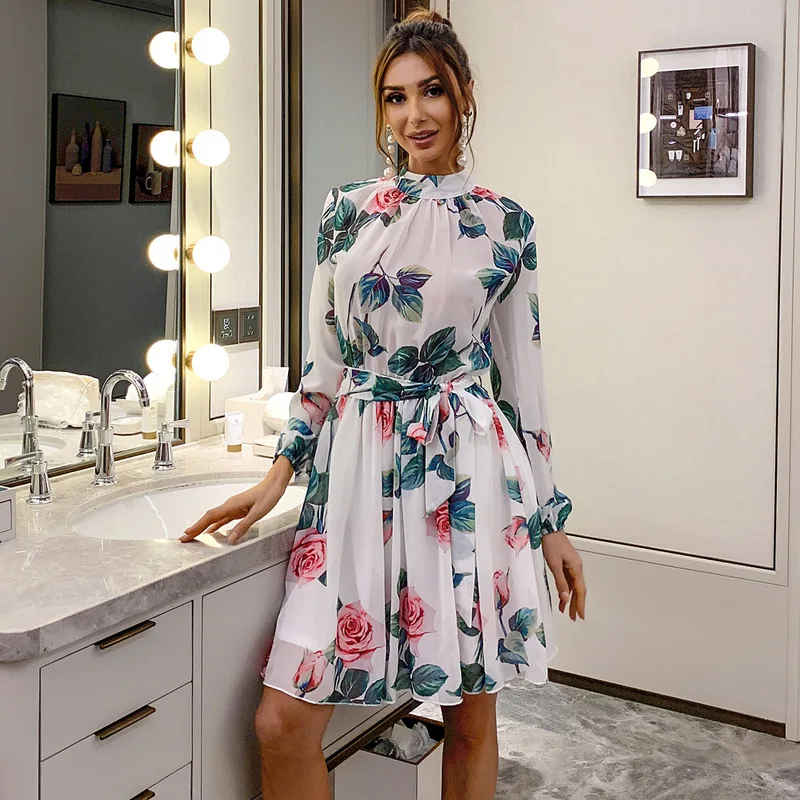 

Donsignet New Floral Chiffon Dress Round Neck Holiday Dresses for Women Belt Knee-Length Print Long Sleeve Dress for Women