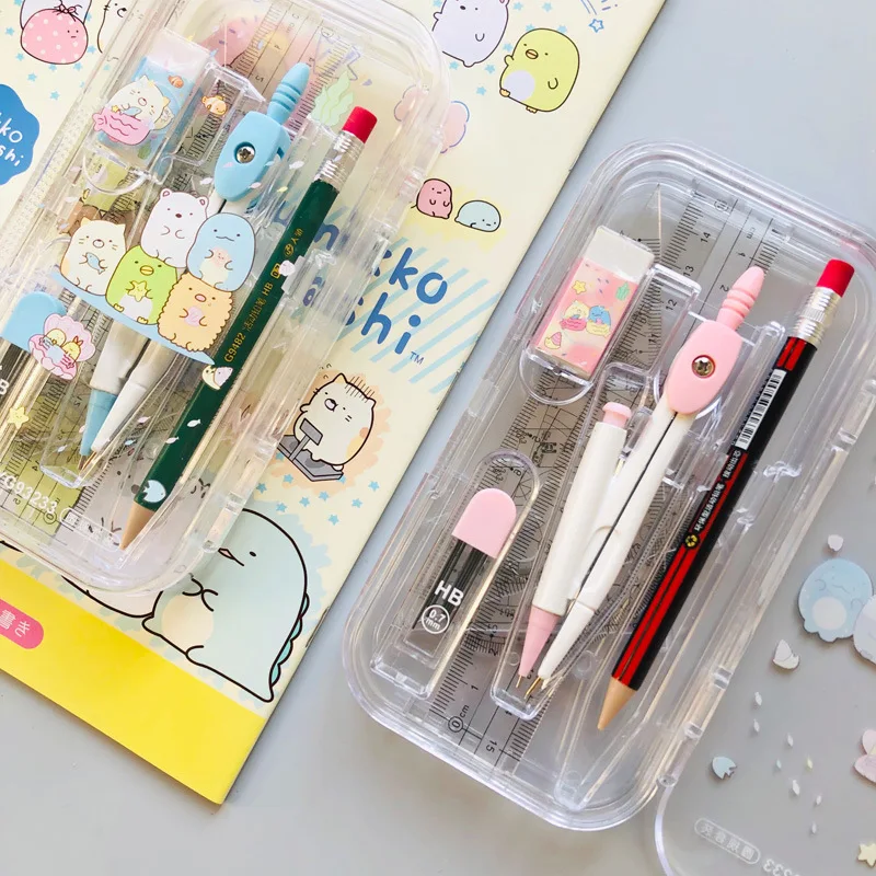 8 in 1 Cute Cartoon Sumikko Gurashi Compass Set Drawing Ruler Eraser Pencil Geometry Protractor for Students School Office | Канцтовары