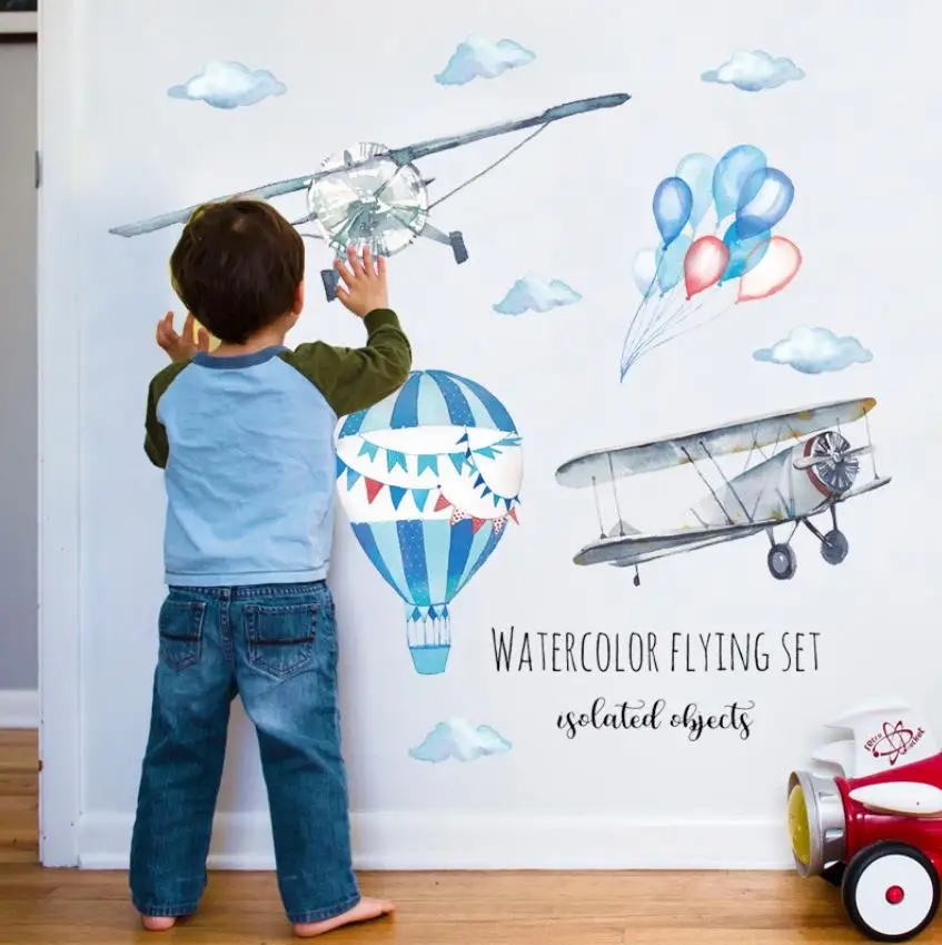 

Watercolor airplane hot air balloon Wall Sticker kids baby rooms home decoration PVC Mural Decals nursery stickers wallpaper