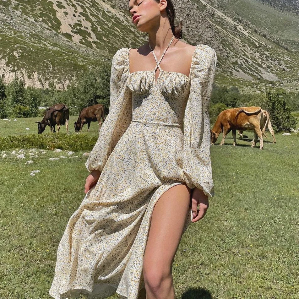 

2021 New Satin Puff-Sleeve Ruched Dress For Women Square Collar Sexy Dresses Ladies Streetwear Backless Vestidos Fall Clothes