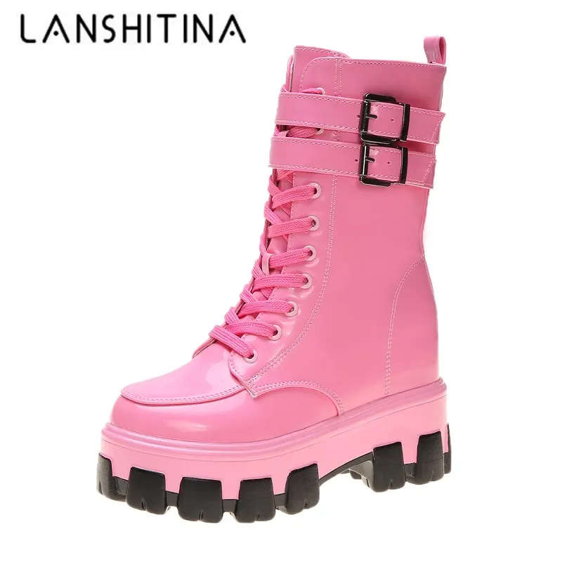 Женские ботинки из лакированной кожи на платформе 10 см|Сапоги до середины голени|